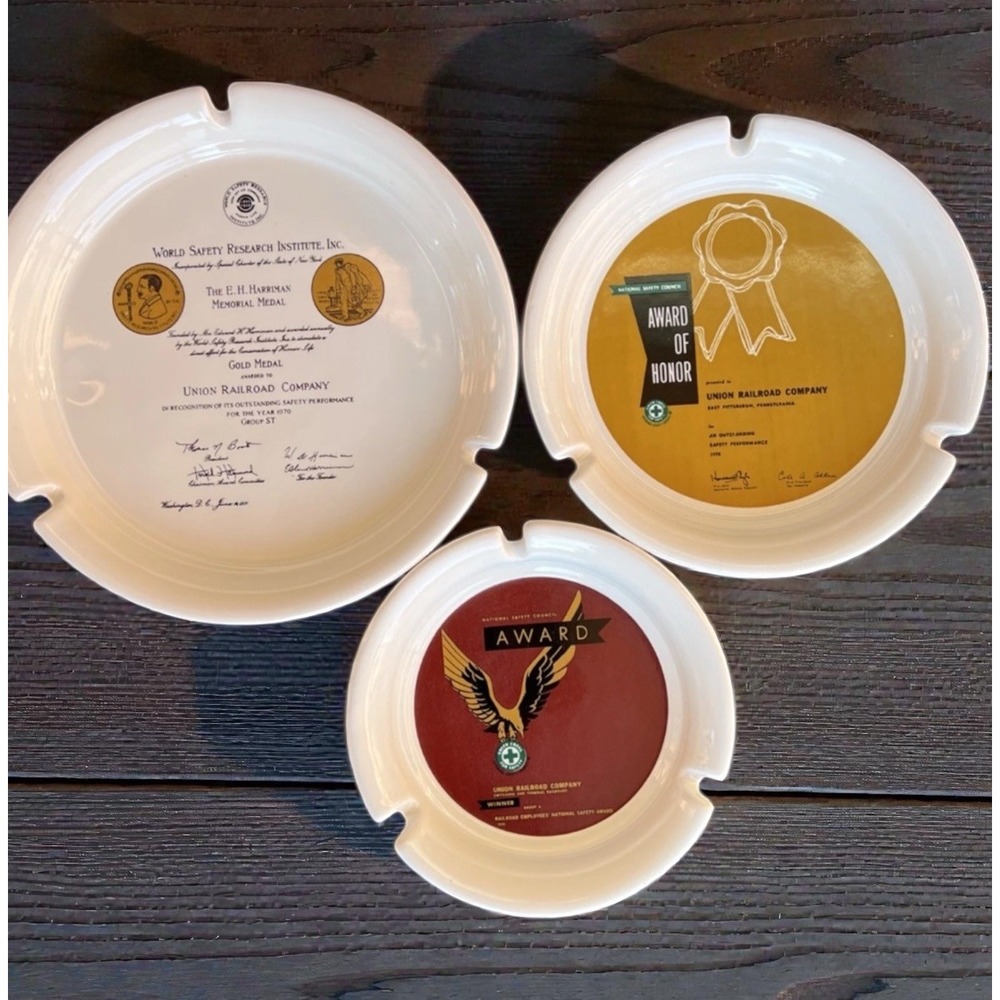VTG Union Railroad Co National Safety Award 1970 Set 3 Hyalyn Porcelain Ashtrays